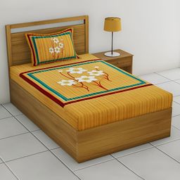 POORAK Mustard & White Floral Cotton 104 TC Single Bedsheet With 1 Pillow Cover-image-7
