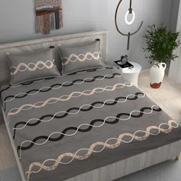 FINE TEX WORLD Grey & Black Geometric Fitted 210 TC King Bedsheet with 2 Pillow Covers-image-92