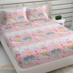 KLOTTHE Pink Cartoon Characters 300 TC Fitted Double King Bedsheet with 2 Pillow Covers-image-14