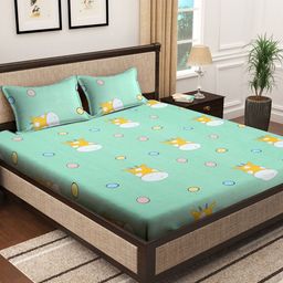 KLOTTHE Green & White Printed 300TC Fitted King Bedsheet & 2 Pillow Covers-image-69