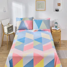 JC HOME Blue & Pink Geometric 160 TC Single Bedsheet With 1 Pillow Cover-image-53