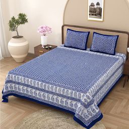 Varde All Seasons Blue & White Printed Cotton 210 TC King Bedsheet with 2 Pillow Covers-image-45
