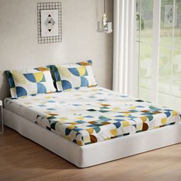 DDecor White & Blue Geometric 140 TC Cotton Queen Bedsheet with 2 Pillow Covers-picture-27