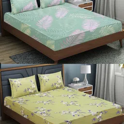 Aura Yellow & Green Floral 144 TC 2 Queen Bedsheet with 4 Pillow Covers-picture-44