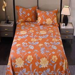JC HOME Orange & Grey Floral 220 TC Cotton King Bedsheet with 2 Pillow Covers-image-19