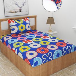 BREVARD Blue & Red Geometric 210 TC Fitted Single Bedsheet With 1 Pillow Cover-8