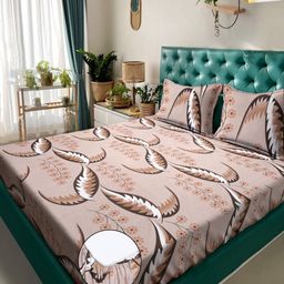 KLOTTHE Pink & Brown Printed 300 TC Double King Fitted Bedsheet With 2 Pillow Covers-image-43