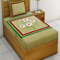 Aura Grey & Olive Green Floral 120 TC Single Bedsheet With 2 Pillow Covers-20