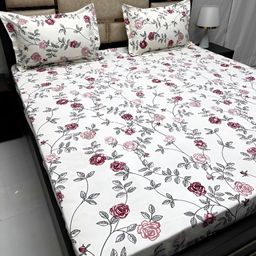 Pure Decor Amulya White & Pink Floral 300 TC Cotton Queen Bedsheet with 2 Pillow Covers-image-54