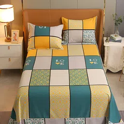 JC HOME Green & Yellow Geometric Cotton 220 TC King Bedsheet with 2 Pillow Covers-image-85