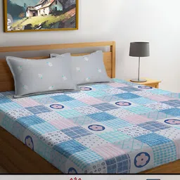 FABINALIV Blue & Pink Geometric 300 TC King Bedsheet with 2 Pillow Covers-image-35