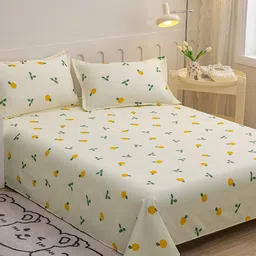 JC HOME Beige & Yellow Printed 140 TC Single Bedsheet & Pillow Cover-image-38