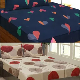 Aura Blue & Brown Geometric 144 TC 2 Queen Bedsheet with 4 Pillow Covers-picture-46