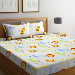 FABINALIV White & Green Cartoon Characters 300 TC Fitted King Bedsheet & 2 Pillow Covers-7