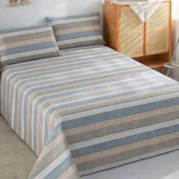 JC HOME Grey & Blue Striped 186 TC Pure Cotton Queen Bedsheet With 2 Pillow Covers-image-47