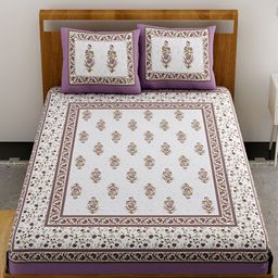 UNIQCHOICE Purple & White Floral Printed Cotton 144 TC Queen Bedsheet With 2 Pillow Covers-image-42