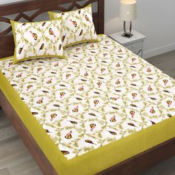 Runjhun White & Green Floral Printed 144 TC Cotton Queen Bedsheet Set-image-16