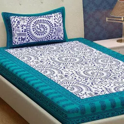 UNIQCHOICE Turquoise Blue Printed Cotton 120 TC Single Bedsheet With 1 Pillow Covers-image-90