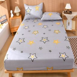 JC HOME Grey & Yellow Geometric 150 TC Fitted King Bedsheet with 2 Pillow Covers-image-71