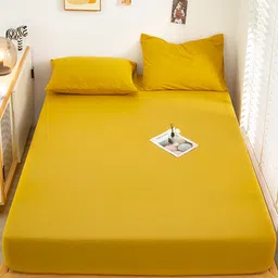 JC HOME Mustard Yellow 128 TC Fitted King Bedsheet with 2 Pillow Covers-image-61
