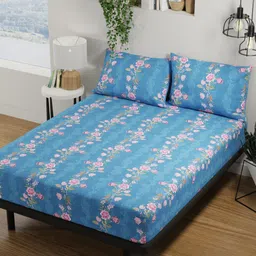 BIANCA Platinum Blue & Pink Floral Cotton 144 TC Queen Bedsheet with 2 Pillow Covers-image-90