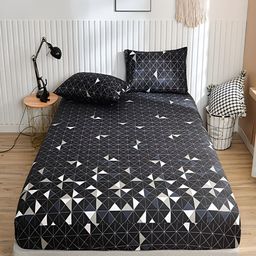 JC HOME Black & White Geometric Fitted 140 TC Queen Bedsheet with 2 Pillow Covers-image-75