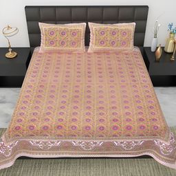 BELLA CASA Pink Ethnic Motifs 180 TC Cotton Flat Double King Bedsheet With 2 Pillow Covers-image-22