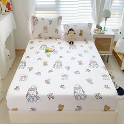 JC HOME White & Blue Cartoon Characters King Bedsheet with 2 Pillow Covers-image-64
