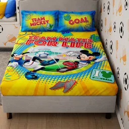 DDecor Yellow & Blue Mickey & Friends 130 TC Queen Bedsheet with 2 Pillow Covers-image-49