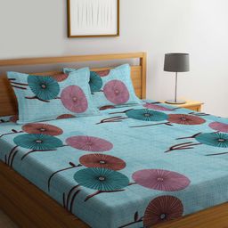 KLOTTHE Blue Floral 300 TC King Size Fitted Bedsheet with 2 Pillow Covers-image-81