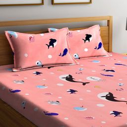 FABINALIV Peach-Coloured Cartoon Characters 300 TC Fitted King Bedsheet & 2 Pillow Covers-42