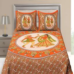 UNIQCHOICE Orange & White Floral 120 TC Cotton Queen Bedsheet with 2 Pillow Covers-picture-20