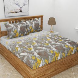 BREVARD Charcoal & White Floral 210 TC Fitted Queen Bedsheet with 2 Pillow Covers-19