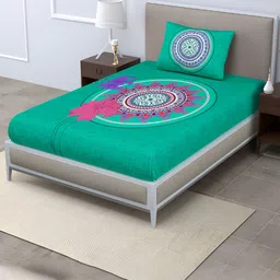 POORAK Green & Pink Ethnic Motifs Cotton 104 TC Single Bedsheet with 1 Pillow Covers-image-79