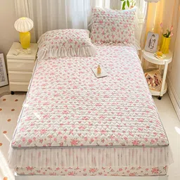JC HOME Cream-Coloured & Red Floral 160 TC King Bedsheet with 2 Pillow Covers-image-77
