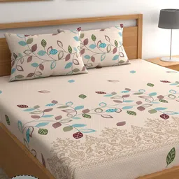 CG HOMES Beige & Blue Floral Fitted 210 TC Queen Bedsheet With 2 Pillow Covers-image-4