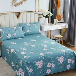 JC HOME Blue & Pink Floral Printed 186 TC Cotton King Bedsheet & Pillow Covers-image-24