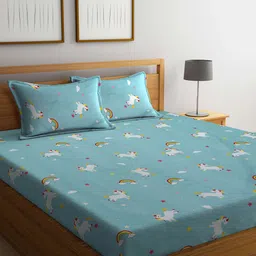 KLOTTHE Blue Unicorn Printed 300 TC King Bedsheet With 2 Pillow Covers-picture-45