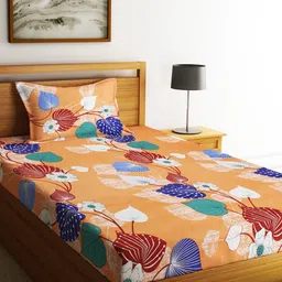 Fashion String Peach & Blue Floral 144 TC Microfiber Single Bedsheet With 1 Pillow Cover-picture-0