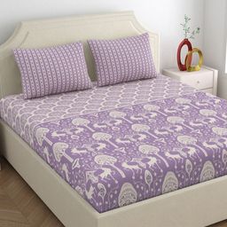 Home Ecstasy Purple & Cream Printed 140 TC Pure Cotton Queen Bedsheet With 2 Pillow Covers-3