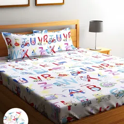 Home Sizzler White & Blue Printed Microfiber 144 TC Fitted King Bedsheet & 2 Pillow Covers-image-86
