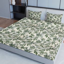 Aura Green& Cream Floral Cotton   200 TC Queen Bedsheet with 2 Pillow Covers-image-72