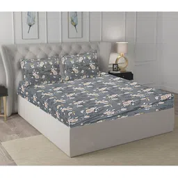 INDHOME LIFE Grey & Black Floral 210 TC Cotton Fitted Queen Bedsheet & 2 Pillow Covers-image-40
