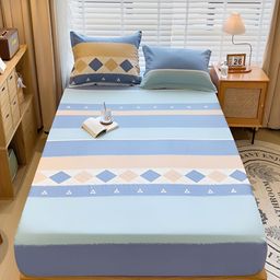 JC HOME Blue & Beige Striped 230 TC Cotton Fitted King Bedsheet with 2 Pillow Covers-image-71