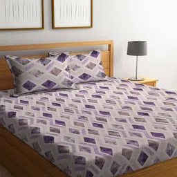 KLOTTHE White & Purple Geometric-Printed 130GSM Pure-Cotton Fitted Double Bedsheet Set-23