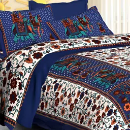 POORAK Blue & White Ethnic Motifs 104 TC Queen Bedsheet with 2 Pillow Covers-image-72