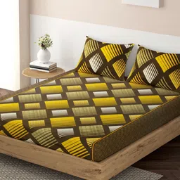 HOKIPO Brown & Yellow Geometric 120 TC Queen Bedsheet with 2 Pillow Covers-image-74
