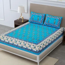 POORAK Blue & White Floral 104 TC Queen Bedsheet with 2 Pillow Covers-image-86