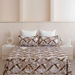 HOMEMONDE Beige & White Geometric 210 TC King Bedsheet with 2 Pillow Covers-image-87