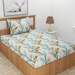 BREVARD Green & Pink Floral 210 TC Single Bedsheet With 1 Pillow Cover-19